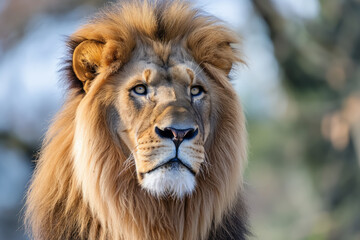 A majestic lion with a full mane looking intently, set against a soft-focus natural background.
