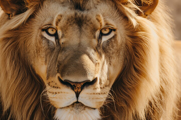 Intense close-up of a lion's face, showcasing its deep gaze, detailed fur texture, and the majestic mane.