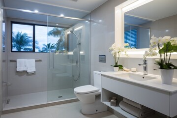 Modern bathroom interior with large glass shower and white vanity