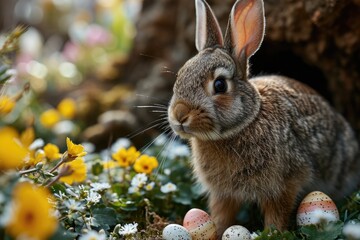 Fototapeta premium Spring Forest: Rabbit, Easter Eggs and Bright Spring Flowers