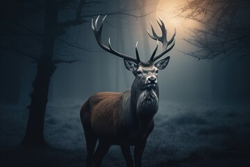 deer with big antlers in the night foggy forest among the trees