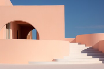 pastel pink building with arched openings and curved staircase