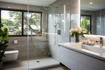 Modern bathroom with large glass shower and white vanity - obrazy, fototapety, plakaty