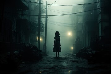 silhouette of a little girl in dress on a foggy night little street