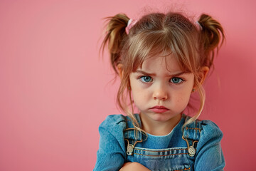 portrait of cute sad offended little blonde girl with two ponytails on flat pink background