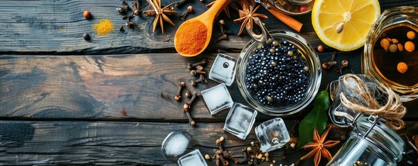 Banner with black caviar and spices on wooden background