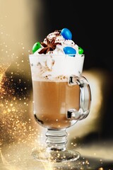 Cups of tasty hot coffee drink with milk foam.