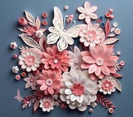 flowers and butterflies, chalkware, 3d, millenial pink ,layered forms, paper quilling, masterpiece, trending on Artstation and Dribbble,