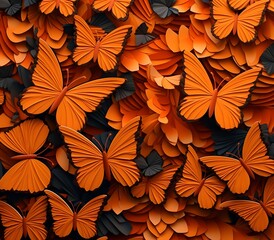3D, butterflies, flat background, layered forms, paper quilling, masterpiece, trending on Artstation and Dribbble, orange color pallette aesthethic, seamless wallpaper,