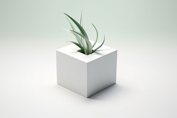 White cube with a plant growing out of it,