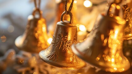 Golden bells create a festive mood on a Christmas tree decorated with a garland