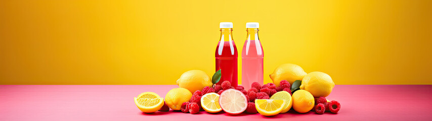 Raspberry and Lemon Flavored Drinks with Fresh Fruits on a Pink and Yellow Background