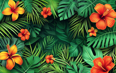 Fundo colorido tropical de verão com plantas exóticas de folhas de palmeira e fundo tropical tucano
