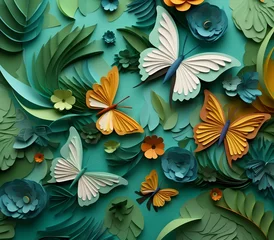 Fototapeten 3D, butterflies, flat background, layered forms, paper quilling, masterpiece, trending on Artstation and Dribbble, green color pallette aesthethic, seamless wallpaper, © american