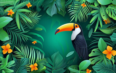Obraz premium Fundo colorido tropical de verão com plantas exóticas de folhas de palmeira e fundo tropical tucano 