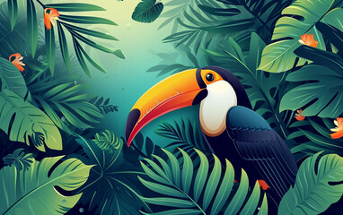 Obraz na płótnie Canvas Fundo colorido tropical de verão com plantas exóticas de folhas de palmeira e fundo tropical tucano 