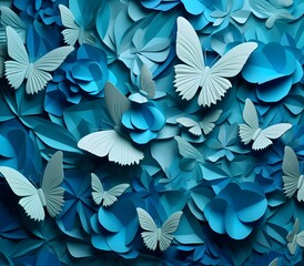 3D, butterflies, flat background, layered forms, paper quilling, masterpiece, trending on Artstation and Dribbble, blue color pallette aesthethic, seamless wallpaper,