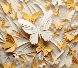 3D, butterflies, flat background, layered forms, paper quilling, masterpiece, trending on Artstation and Dribbble, white and gold color pallette aesthethic, seamless wallpaper,