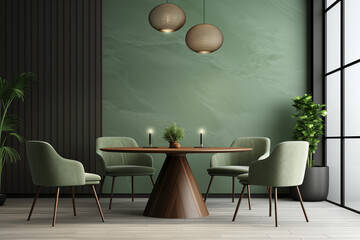 Interior Design Modern Dining Room, Green Chairs Wood Table 3d Rendering