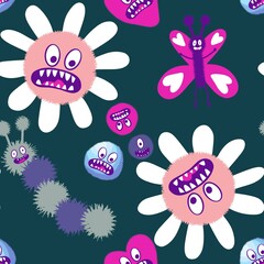 Cartoon retro floral seamless flower and butterfly pattern for fabrics and linens and kids clothes print