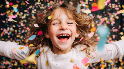 Child in a Whirlwind of Multicolored Confetti Celebrating with Laughter