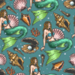 Marine mermaid colorful pattern seamless