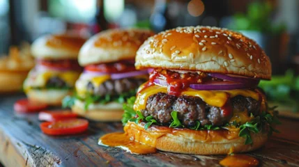 Fotobehang Gros plan sur un hamburger avec viande, fromage et légumes. Servi avec frites. Alimentation, fast food, nourriture. Pour conception et création graphique. © FlyStun
