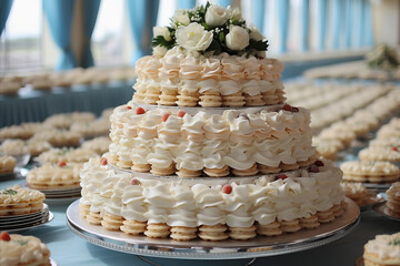 A beautifully arranged dessert table with lots of cream cakes on plates, sweets