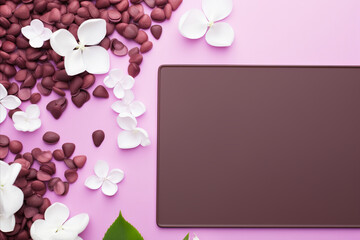 Composition is on a purple background of flowers and coffee grains. A congratulatory board on which you can make a record