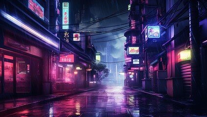 City street in cyberpunk style with neon lights and rain - obrazy, fototapety, plakaty