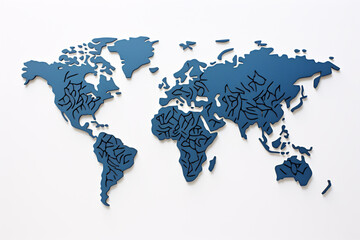 Blue embossed world map, white art background. Generative AI.