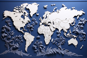 White embossed world map, blue art background. Generative AI.