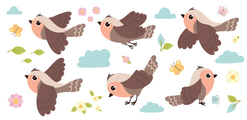 Set of small spring birds in flight.Vector graphics.