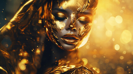 Surreal Golden Portrait of a Woman with Metallic Paint and Glittering Particles