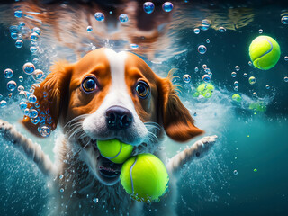 Dogs Underwater Catching Tennis Balls - obrazy, fototapety, plakaty