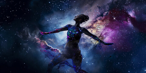 Body painting of a cosmic galaxy, female model, full torso, star clusters and swirling nebulae, dark background with subtle illumination