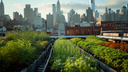 Fototapeta premium rooftop greenhouse in an urban setting, city skyline in the background, vibrant herbs and vegetables growing in hydroponic systems