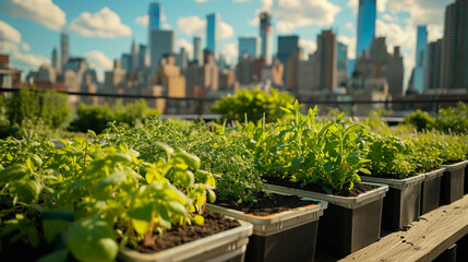 Fototapeta premium rooftop greenhouse in an urban setting, city skyline in the background, vibrant herbs and vegetables growing in hydroponic systems