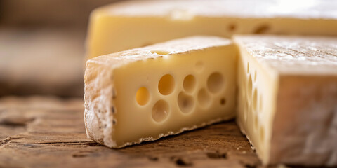 Gruyère cheese blocks, up close, holes and texture in full focus, natural light, wooden table