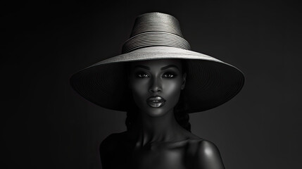 Black and White Fashion Portrait of a Woman in a Wide-Brimmed Striped Hat