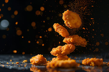 Golden deep fried chicken nuggets with black background exploding in mid air
