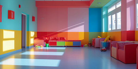 pediatric ward, colorful walls and furniture, empty but waiting for young patients