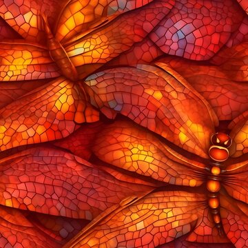 Fierce and fiery reds and oranges. Tileable wallpaper, repeating seamless texture, pattern, crystal dragonfly wings, macro photography, ray tracing, unreal engine, delicate, eligant, subtle