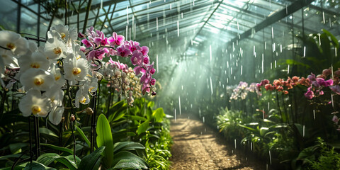 greenhouse, focused on a row of flowering orchids, glass ceiling with water droplets