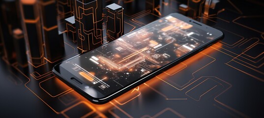 Futuristic smartphone technology with an orange digital city background