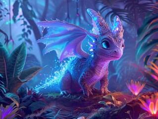 Fototapeta na wymiar Cute dragon in a fantasy light forest with glowing neon plants