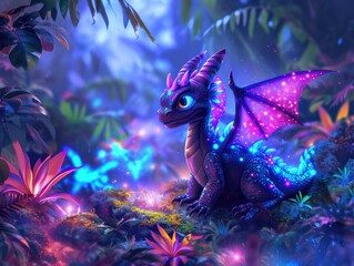 Cute dragon in a fantasy light forest with glowing neon plants
