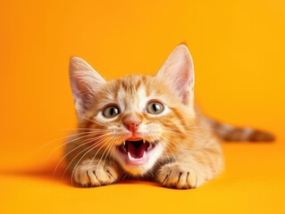 Cute kitten on a yellow background