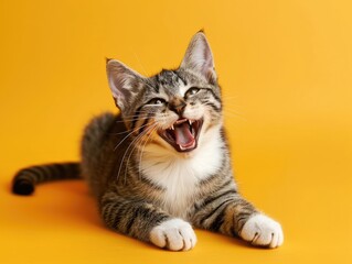 Cute kitten on a yellow background
