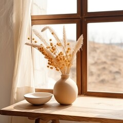 Dried Pampas Grass in a Wooden Vase by the Window